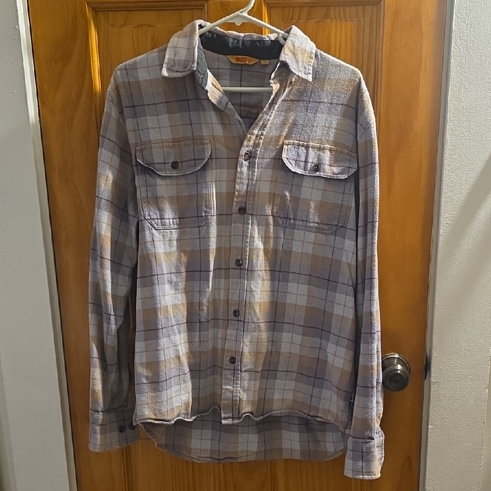 Fjällräven Gray and Beige Plaid Shirt with Subtle Maroon Lines
